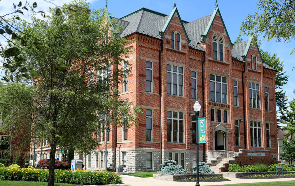 main hall at tiffin university in spring