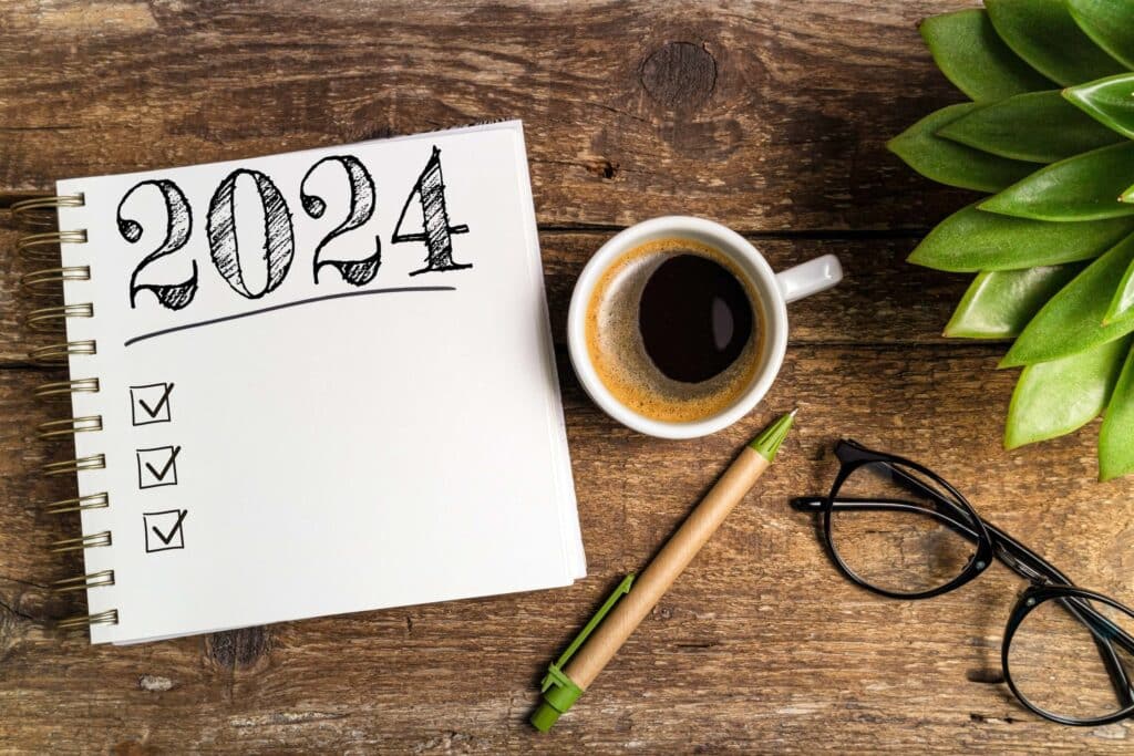 2024 goals notepad with coffee cup