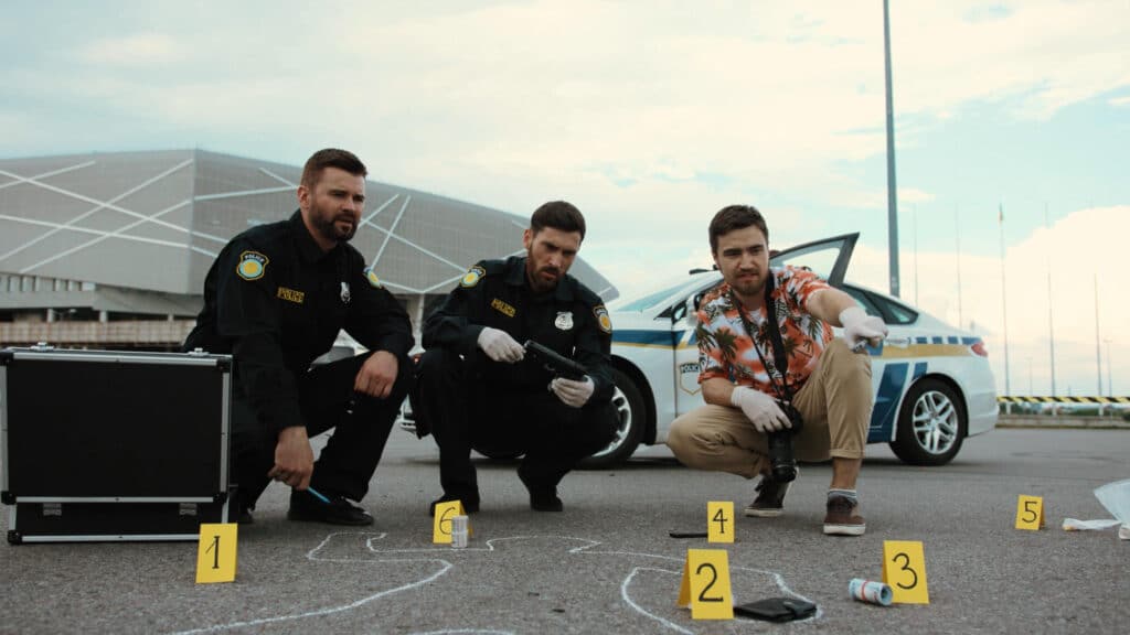 police and analyst at crime scene