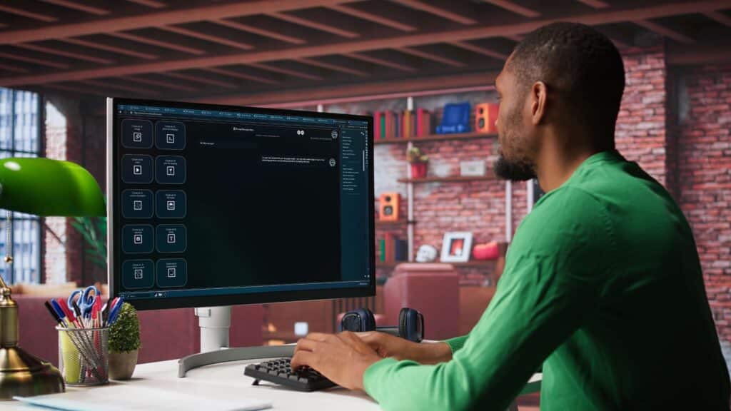 Person using a generative AI tool for prompting and training in his business intelligence and analytics job