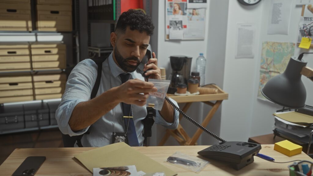 Crime analyst working in an office talking on the phone