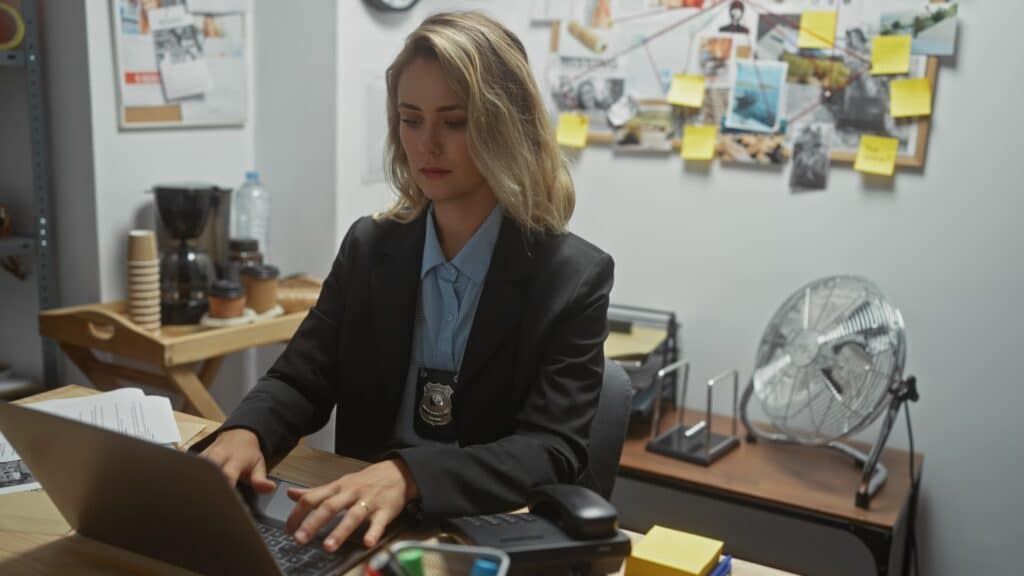 Detective in an office working on a laptop, earning a master of science in criminal justice online