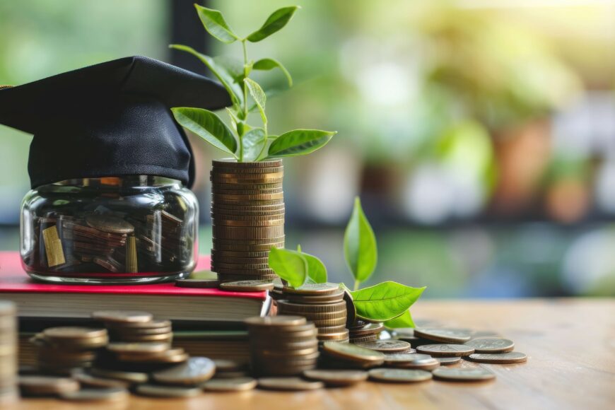 grad cap on stacks of coins with greenery