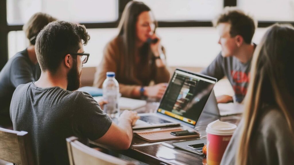 digital marketing professionals sitting around an office table working on online masters degree in digital marketing