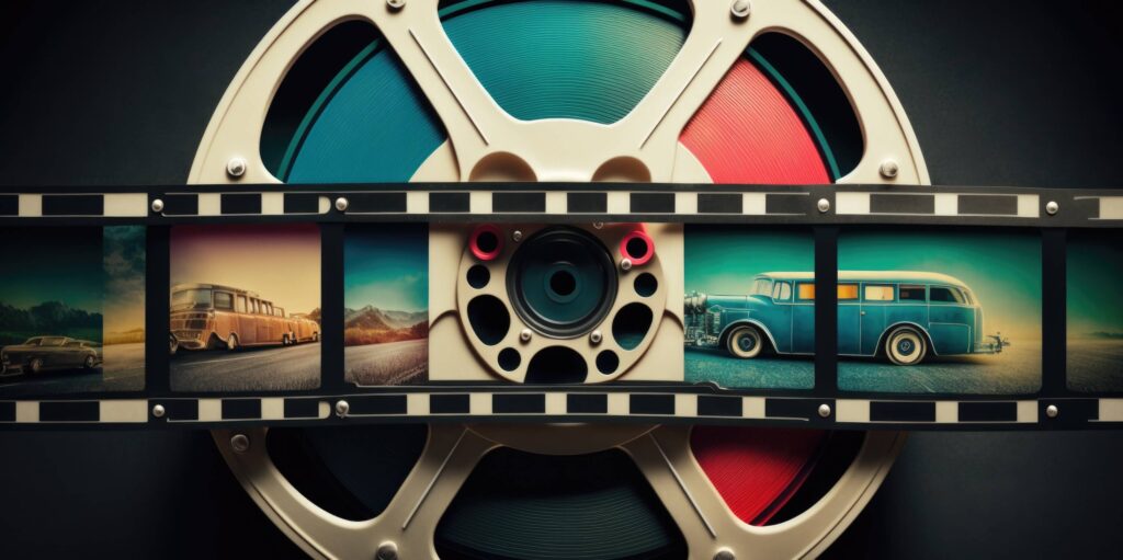 composition of old movies on film reels