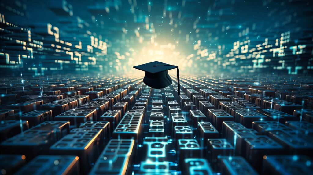 graduation cap amidst binary code